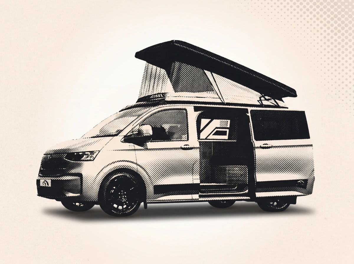 Van conversion campervan with pop-up roof and open side door, shown in side profile illustration.
