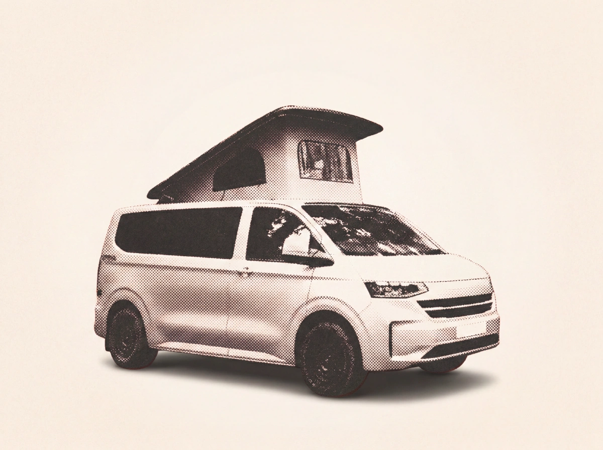 White van conversion with pop-up roof module and dark windows against cream background.