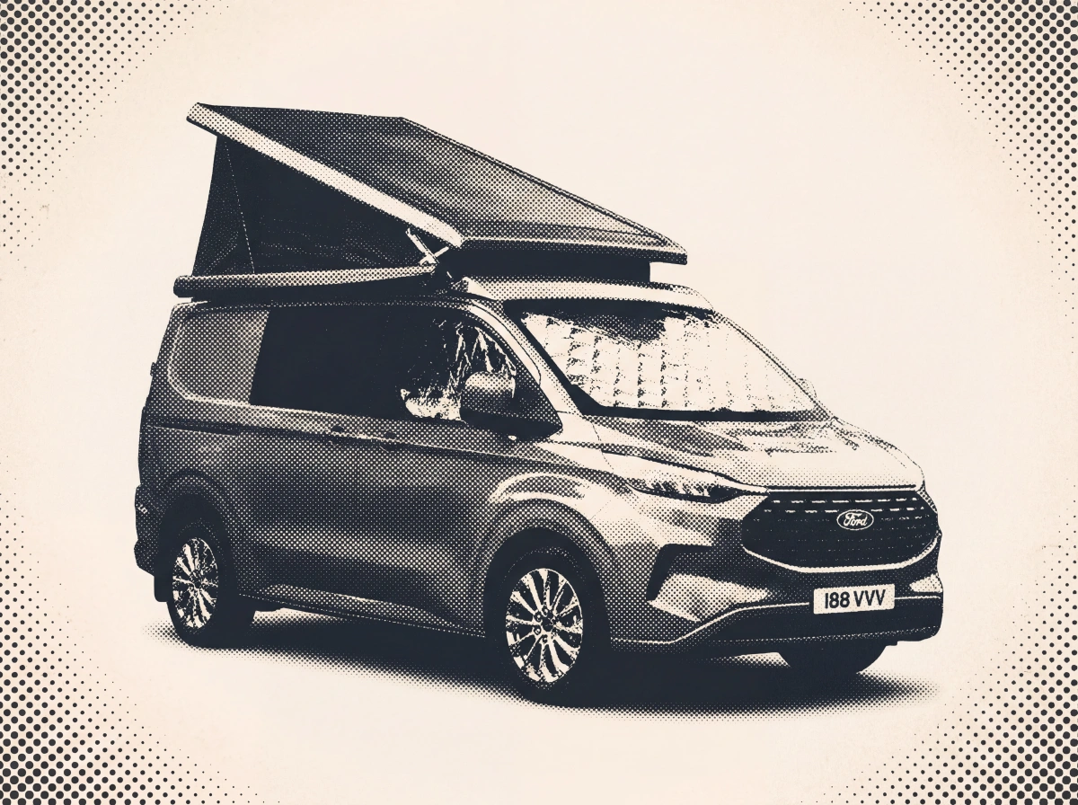 Ford Transit Custom campervan with roof tent extended, side profile view, halftone illustration.