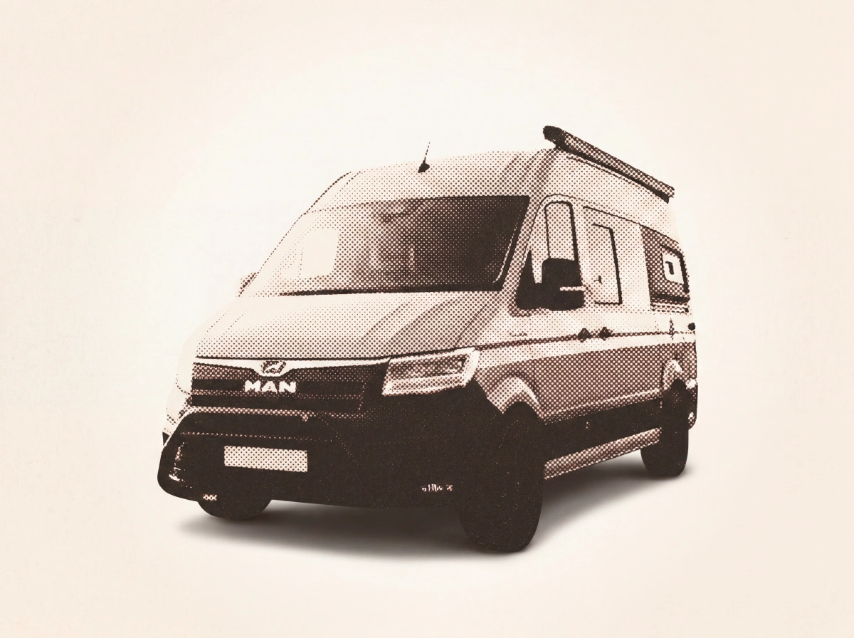 MAN campervan with roof rack and raised pop-up roof section, side profile view against beige background.