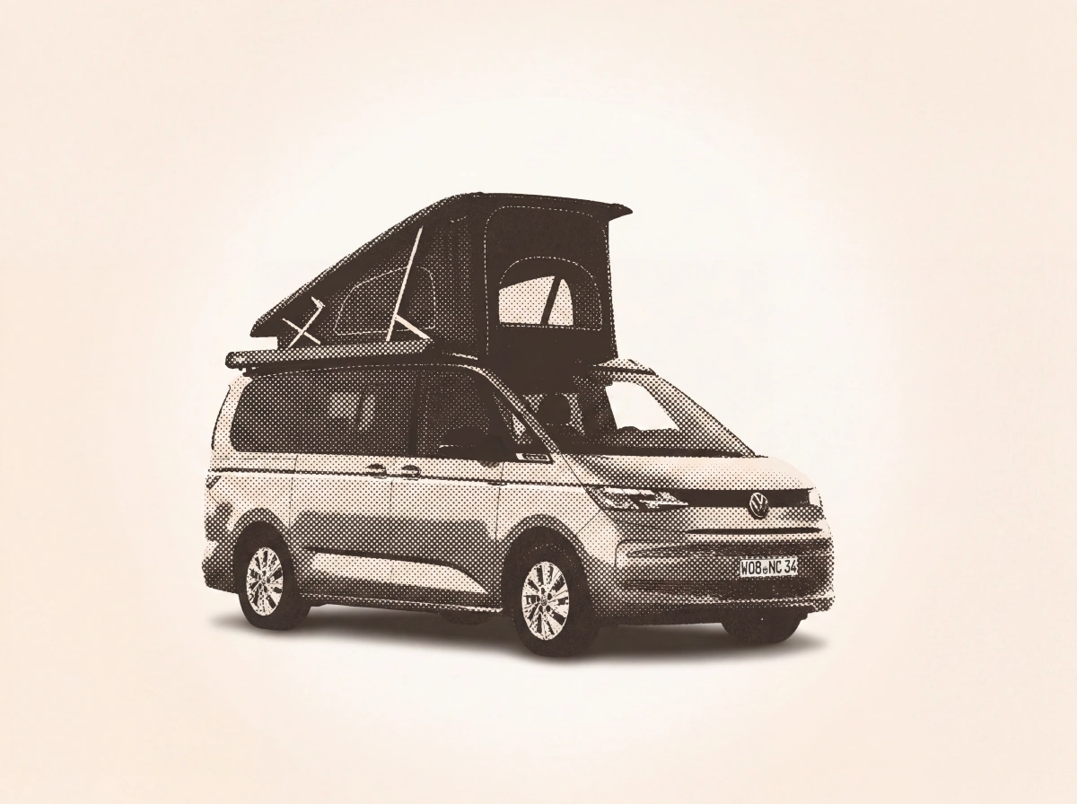 Volkswagen campervan with pop-up roof extended, side profile view against beige background.