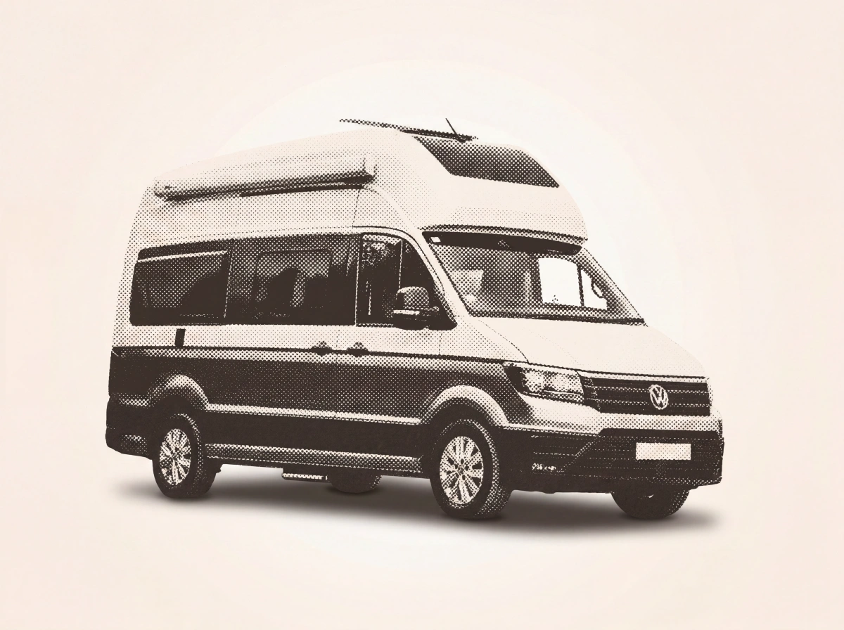 Volkswagen campervan with raised roof section, side profile view against plain background.